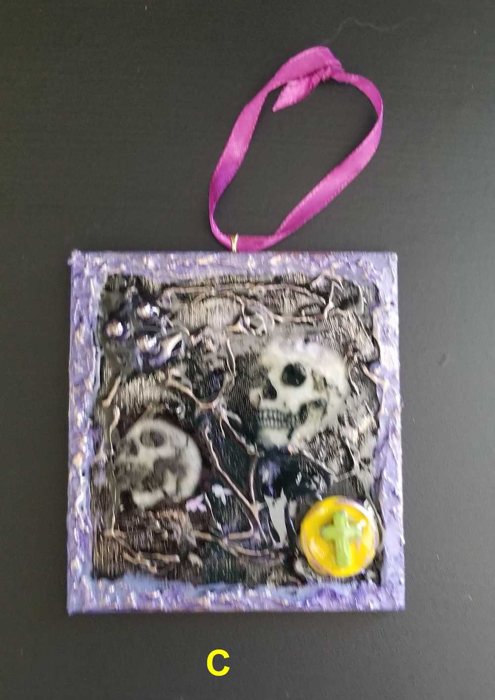 Purple and Black Skull Fabric Faces on Wood Ornaments