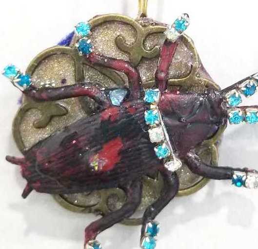 Beetle Bug Necklace for Halloween or Everyday Wear, Teal & Clear Rhinestones