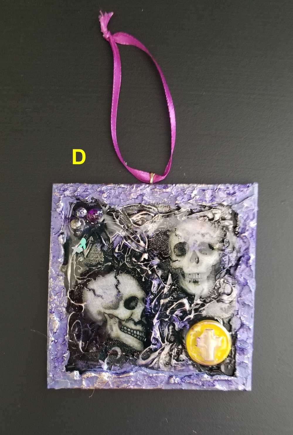 Purple and Black Skull Fabric Faces on Wood Ornaments