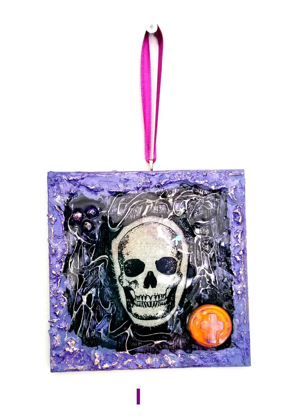 Purple and Black Skull Fabric Faces on Wood Ornaments