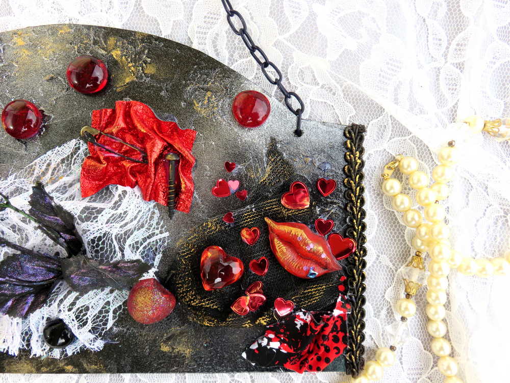 Devil Cat and Cross Resin Wall Hanger in Rich Burgundy, Black and Red