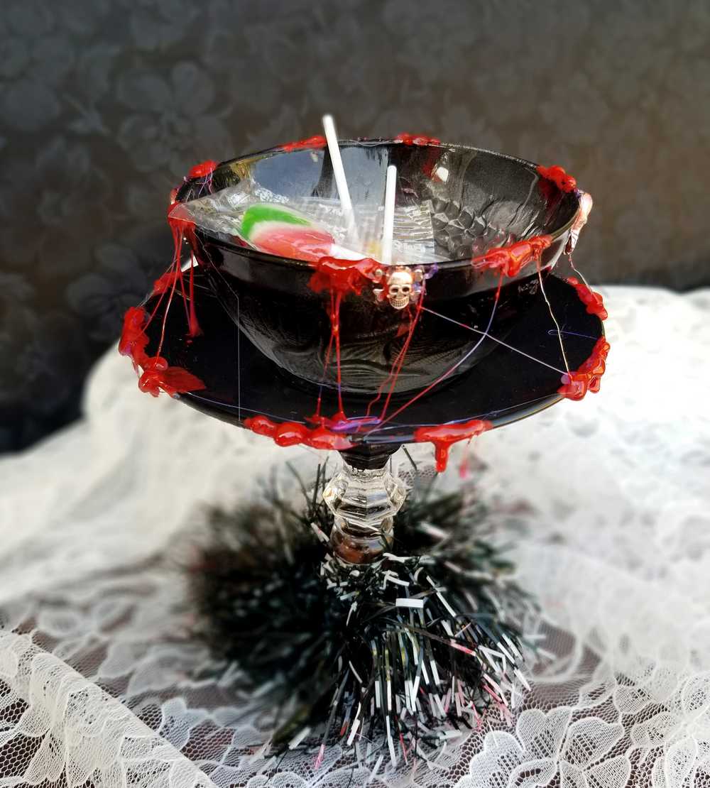 Altered Black Glass Candy Dish or Candle Holder with Fake Blood