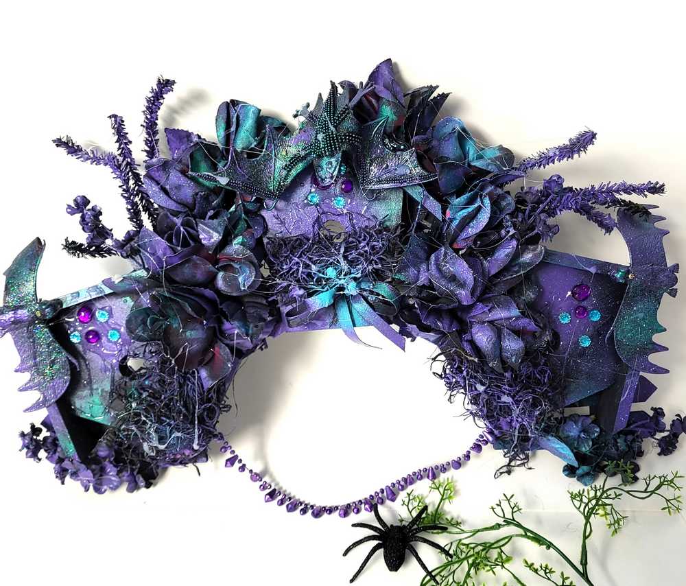 Decorative Wreath with 3 Bat Houses with Bats in Purple and Black