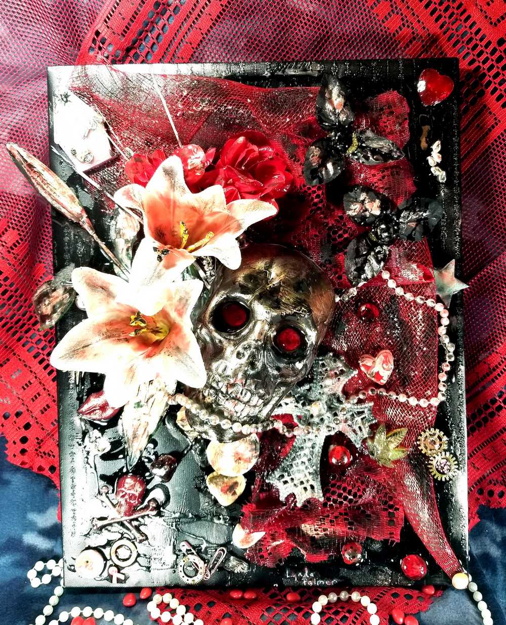 3D Skull and White Lilies, 45 x 36 x 18 cm on Black and Red Canvas