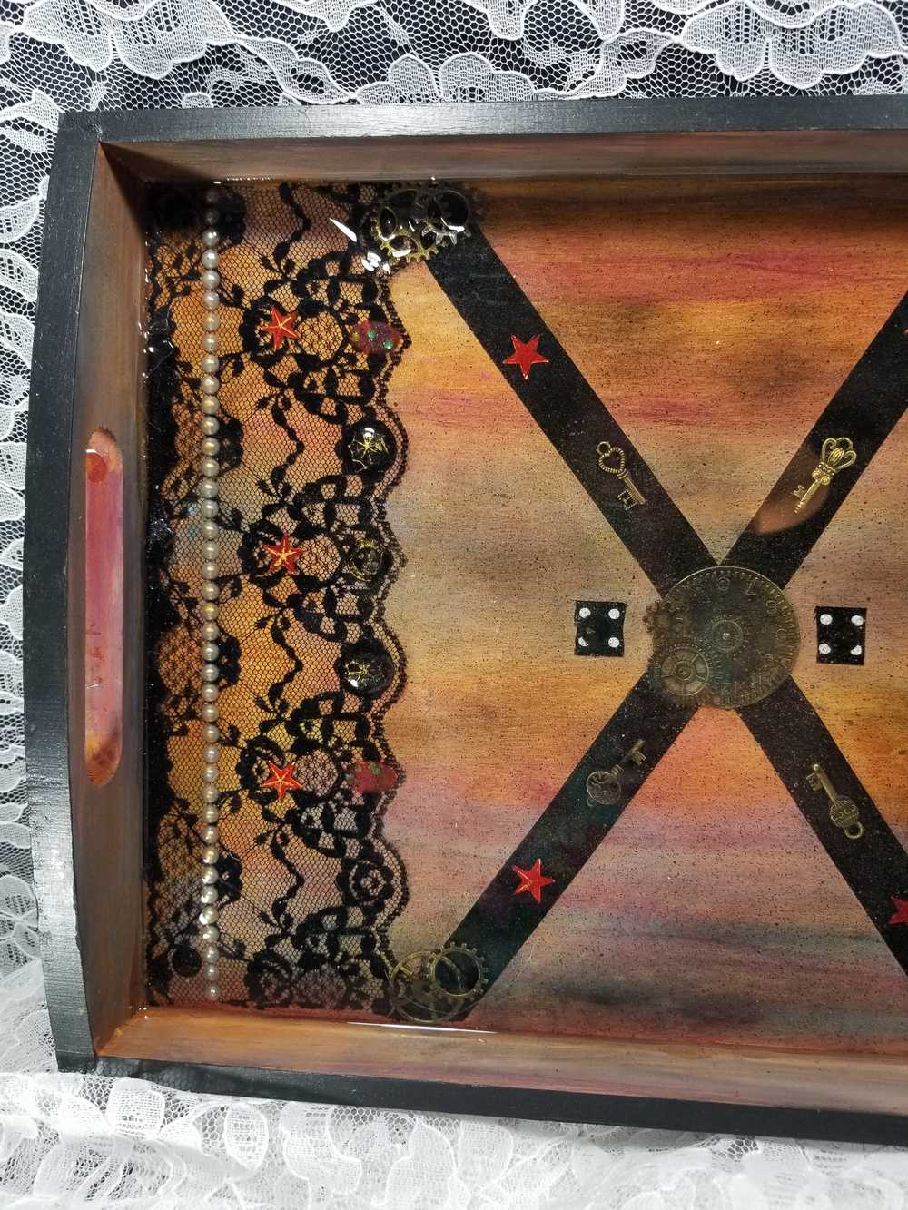 Steampunk /Goth Serving Tray with Gears, Black Lace and Ribbon