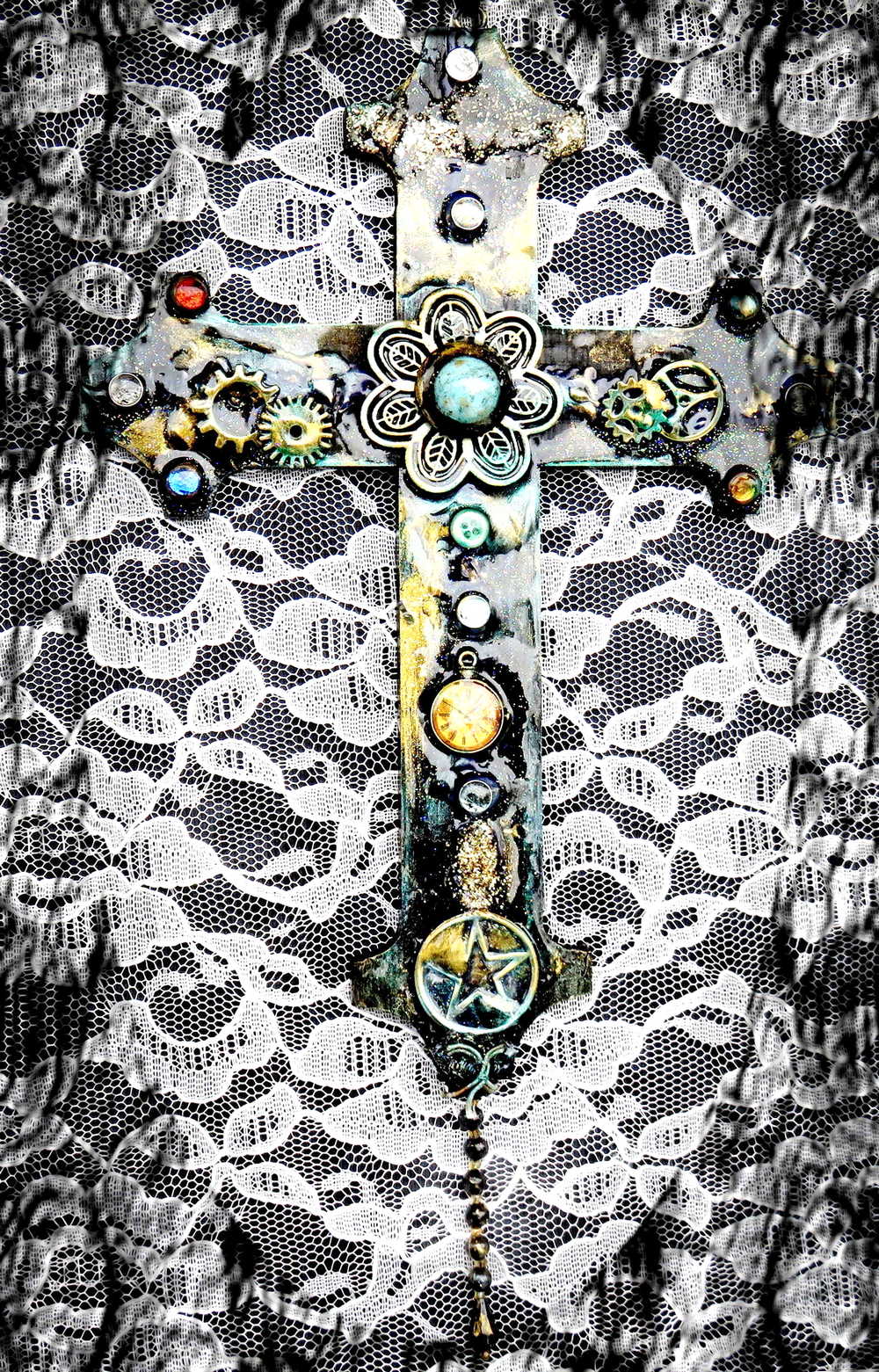 Altered Wood Goth Cross with Blue Stone and Gems