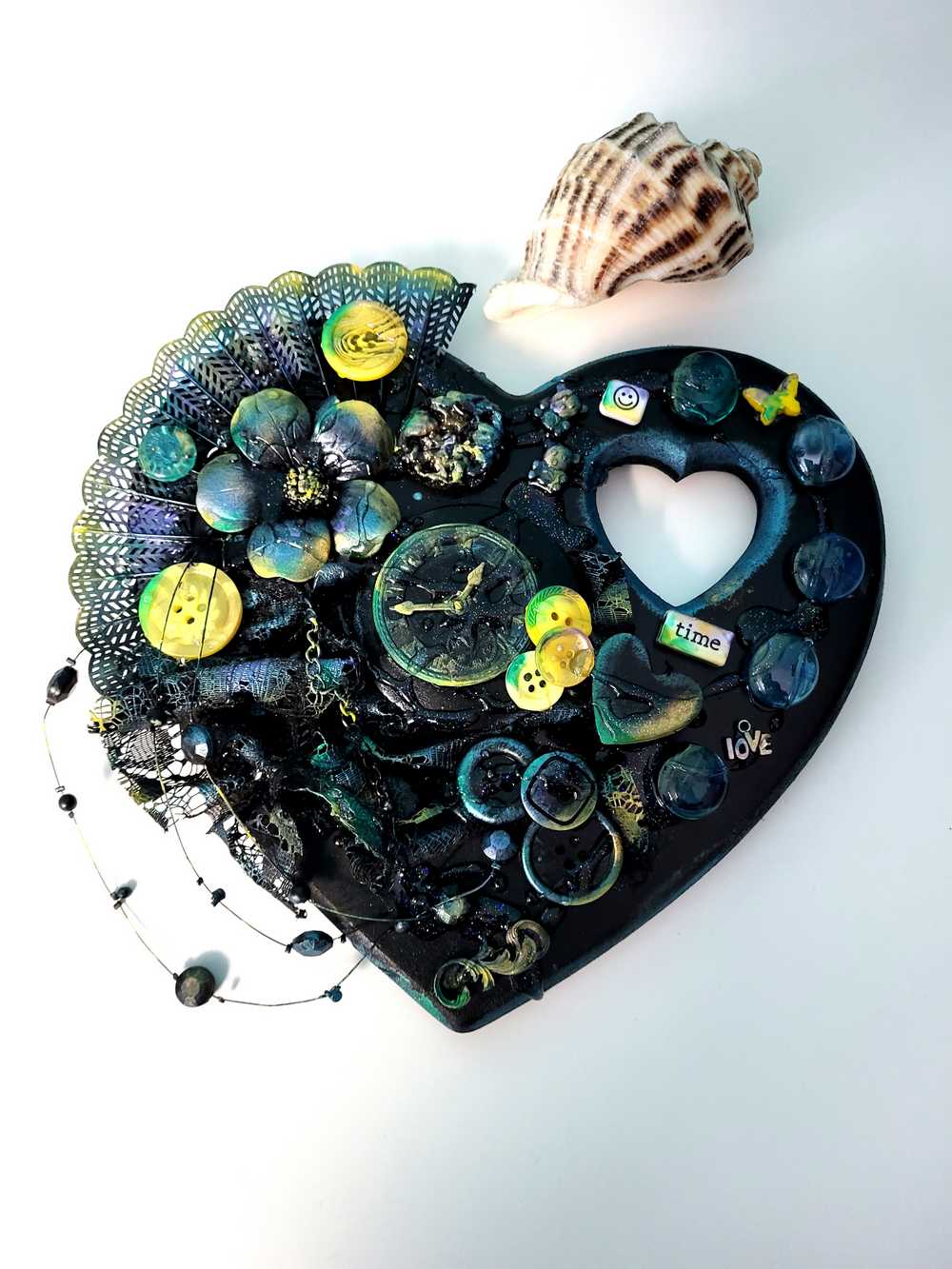Wall Decor Wooden Heart Plaque with Teal, Yellow and Black, Punk Design