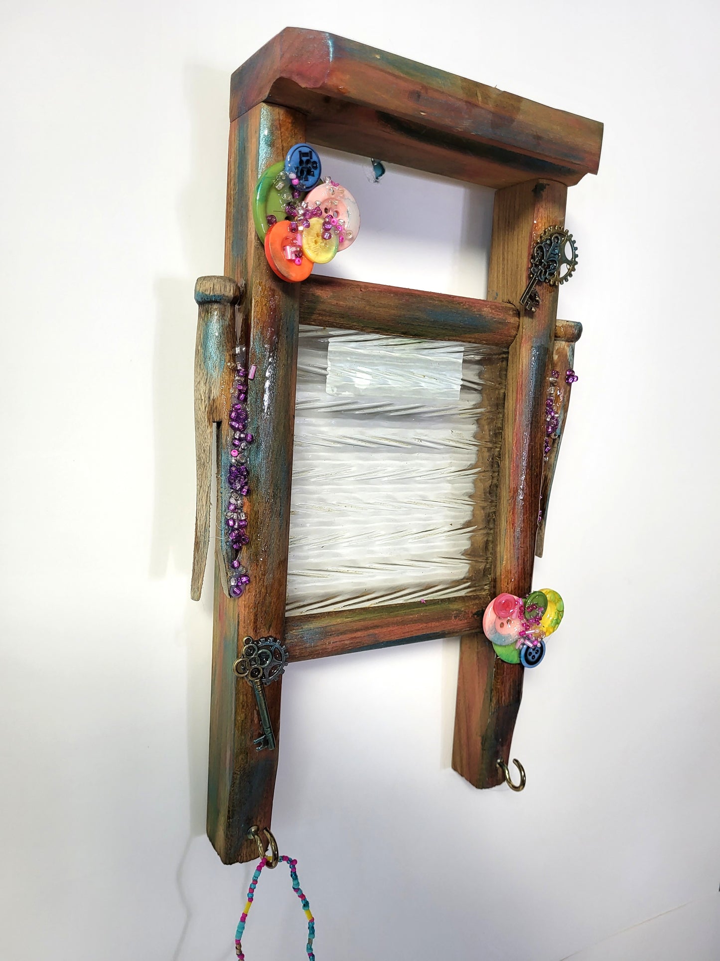 Wall Plaque, Replica of Old Glass Washboard with Hooks To Hang Keys etc.