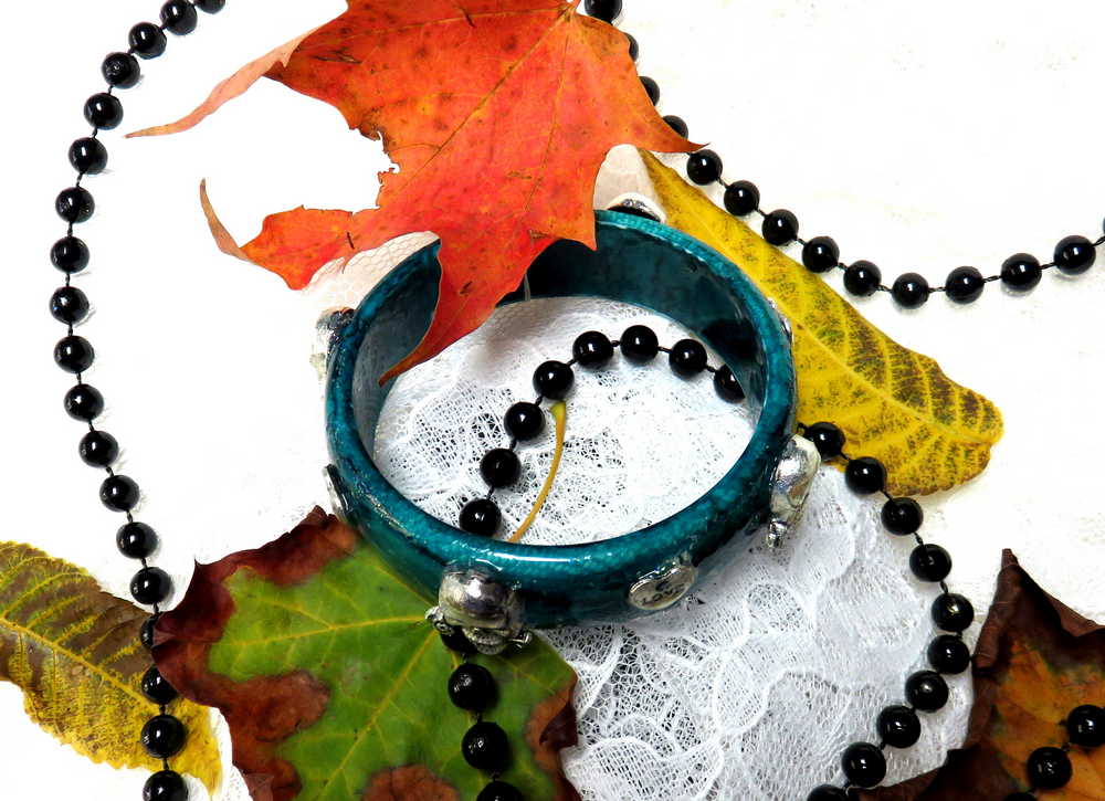 Dark Teal Bangle with Skulls and Hearts