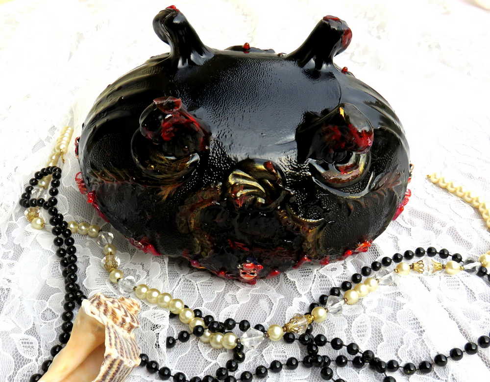 Altered Black Glass Bowl with Pedestal Feet and Scalloped Edge