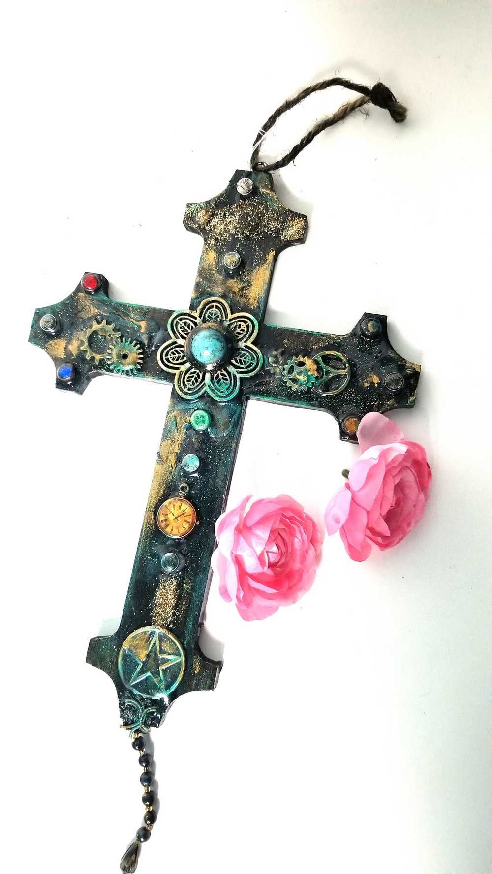 Altered Wood Goth Cross with Blue Stone and Gems