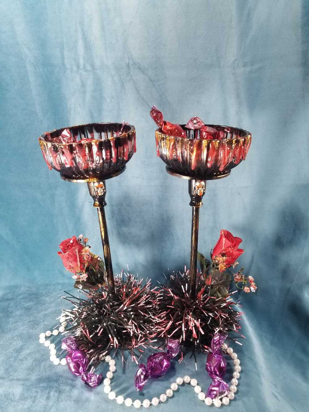 Tall Glass Candy Dishes with Red Roses and Babies Breath