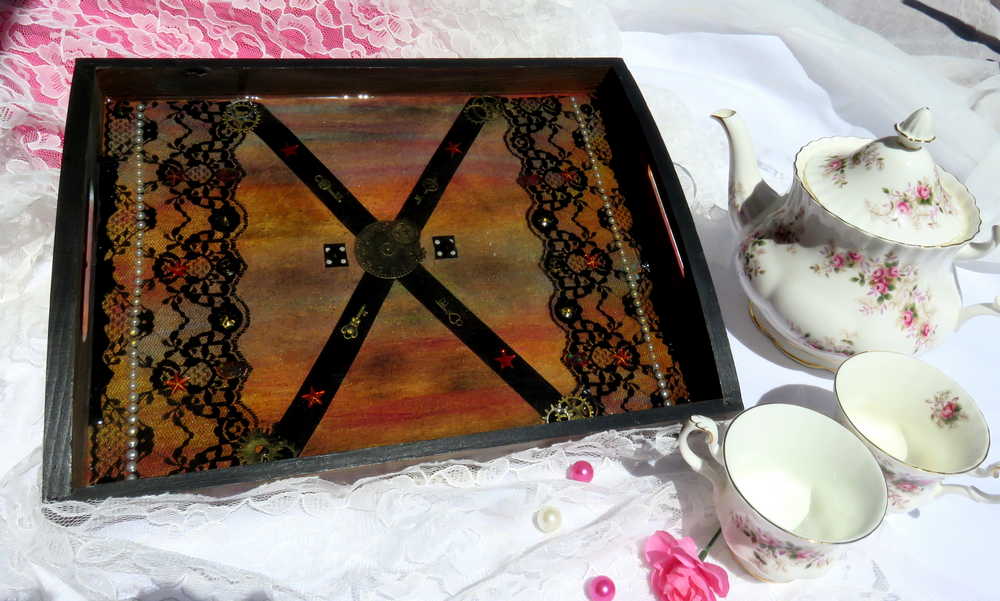 Steampunk /Goth Serving Tray with Gears, Black Lace and Ribbon