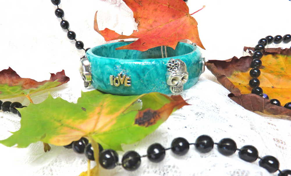Light Teal Blue Bangle, Bracelet with Skulls and Love Charms