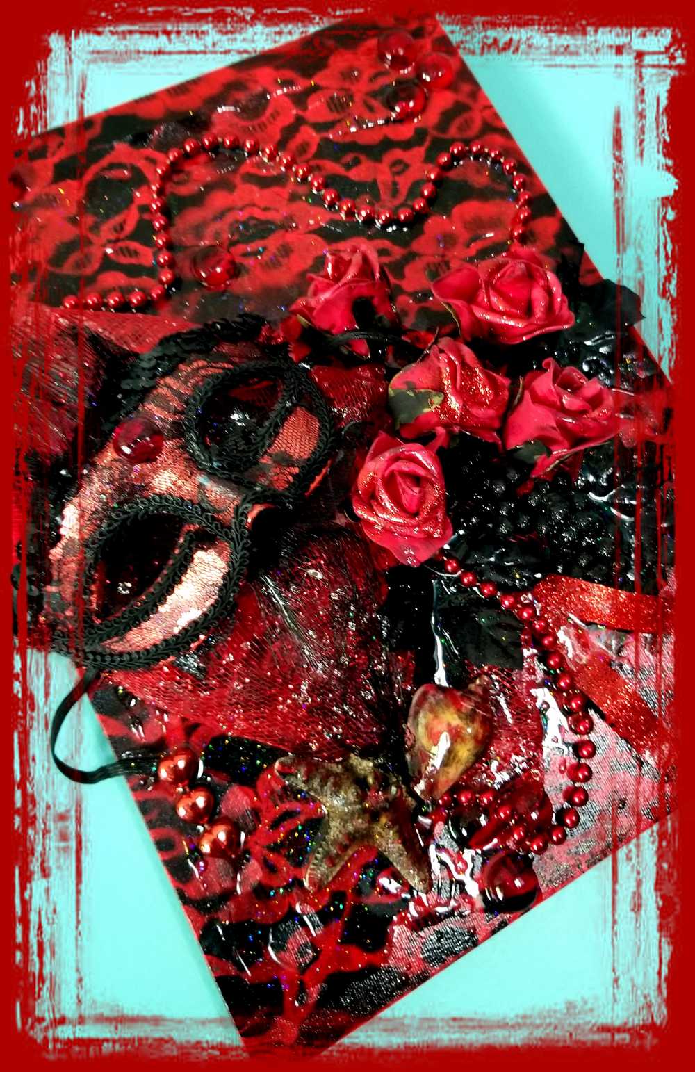 3D Red and Black Art on Canvas with Sexy Mask and Roses, 40 cm x 30 x 10 cm