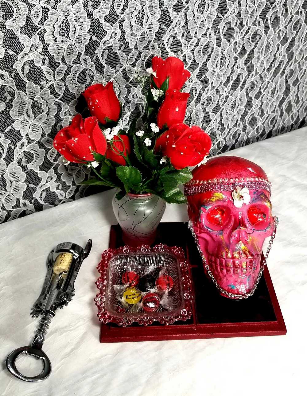 Red Skull and Roses in Resin in a Vintage Candy Dish