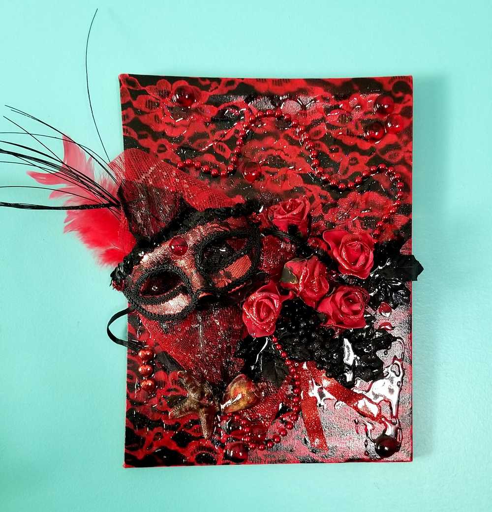 3D Red and Black Art on Canvas with Sexy Mask and Roses, 40 cm x 30 x 10 cm