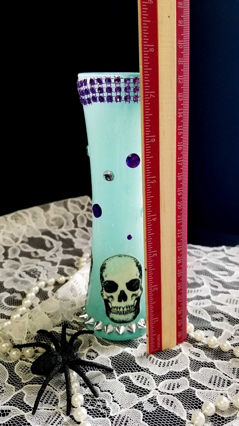 19 cm Tall Teal Colored Glass Vase with Skulls, Spikes and Resin