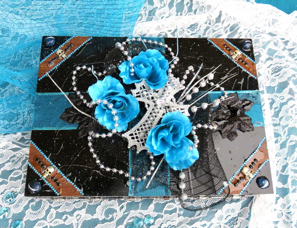 Black and Teal Jewelry Box with 3D Teal Roses, a White Cross and Skull Charms