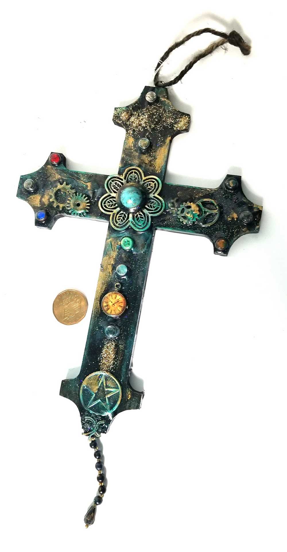 Altered Wood Goth Cross with Blue Stone and Gems