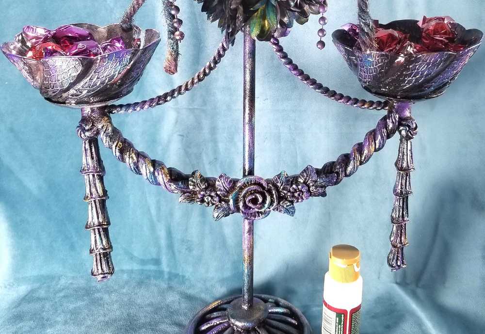 Purple Skull on Decorative Stand with Two Glass Candy Dishes