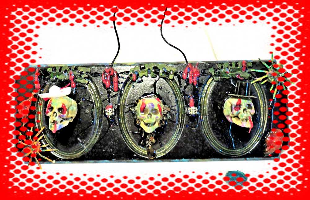 3D Family Portraits of a Handsome Skull Family on a Wall Plaque