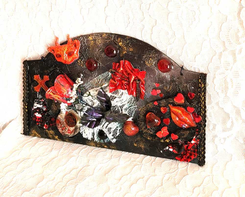 Devil Cat and Cross Resin Wall Hanger in Rich Burgundy, Black and Red
