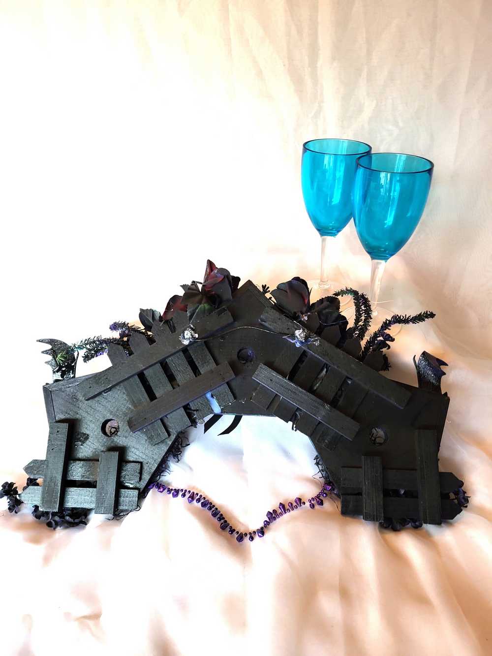 Decorative Wreath, 3 Wood Bat Houses with Bats in Purple and Black