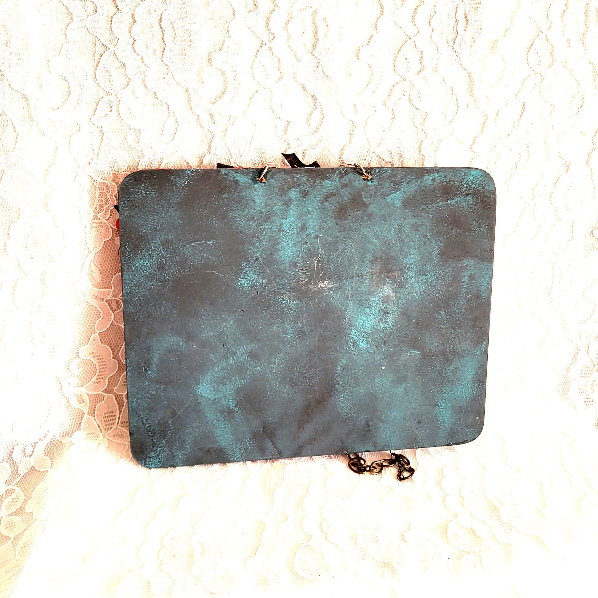 Unique, Red Velvet Skull with Pink Flowers and Picture Frame, Wall Plaque