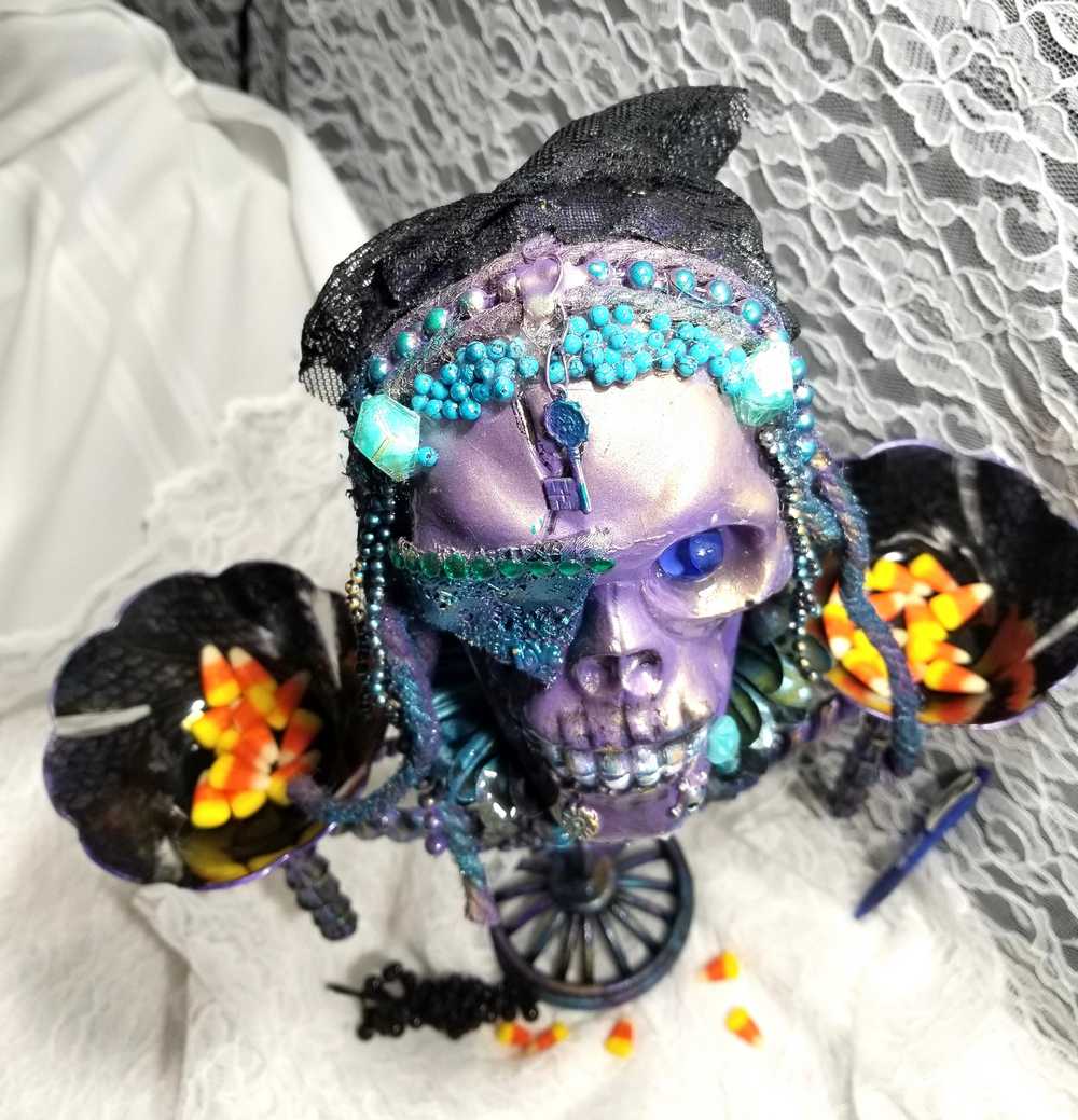 Purple Skull on Decorative Stand with Two Glass Candy Dishes
