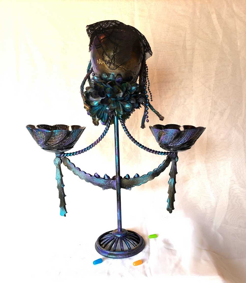 Purple Skull on Decorative Stand with Two Glass Candy Dishes