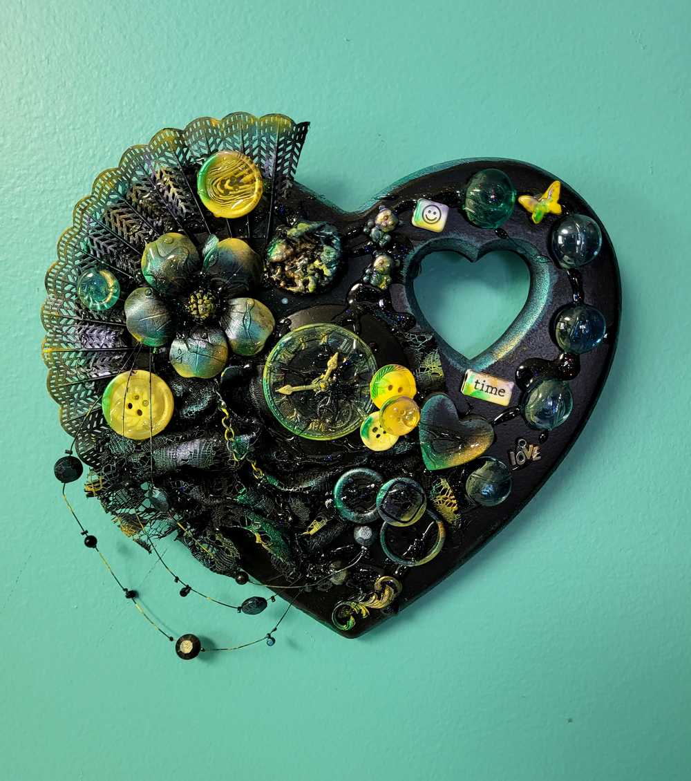 Wall Decor Wooden Heart Plaque with Teal, Yellow and Black, Punk Design