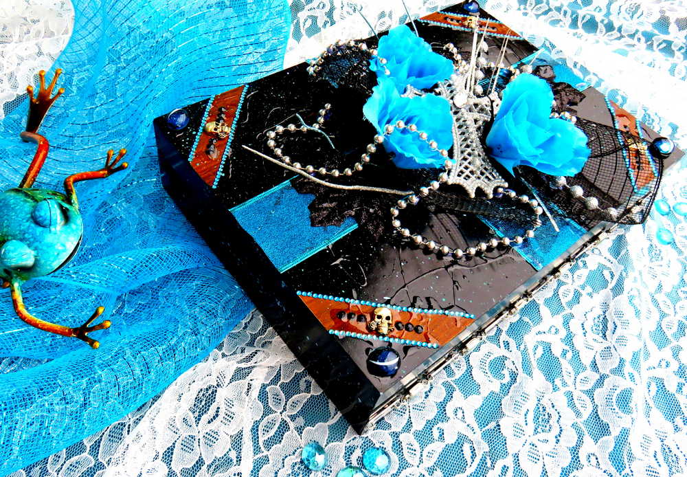 Black and Teal Jewelry Box with 3D Teal Roses, a White Cross and Skull Charms