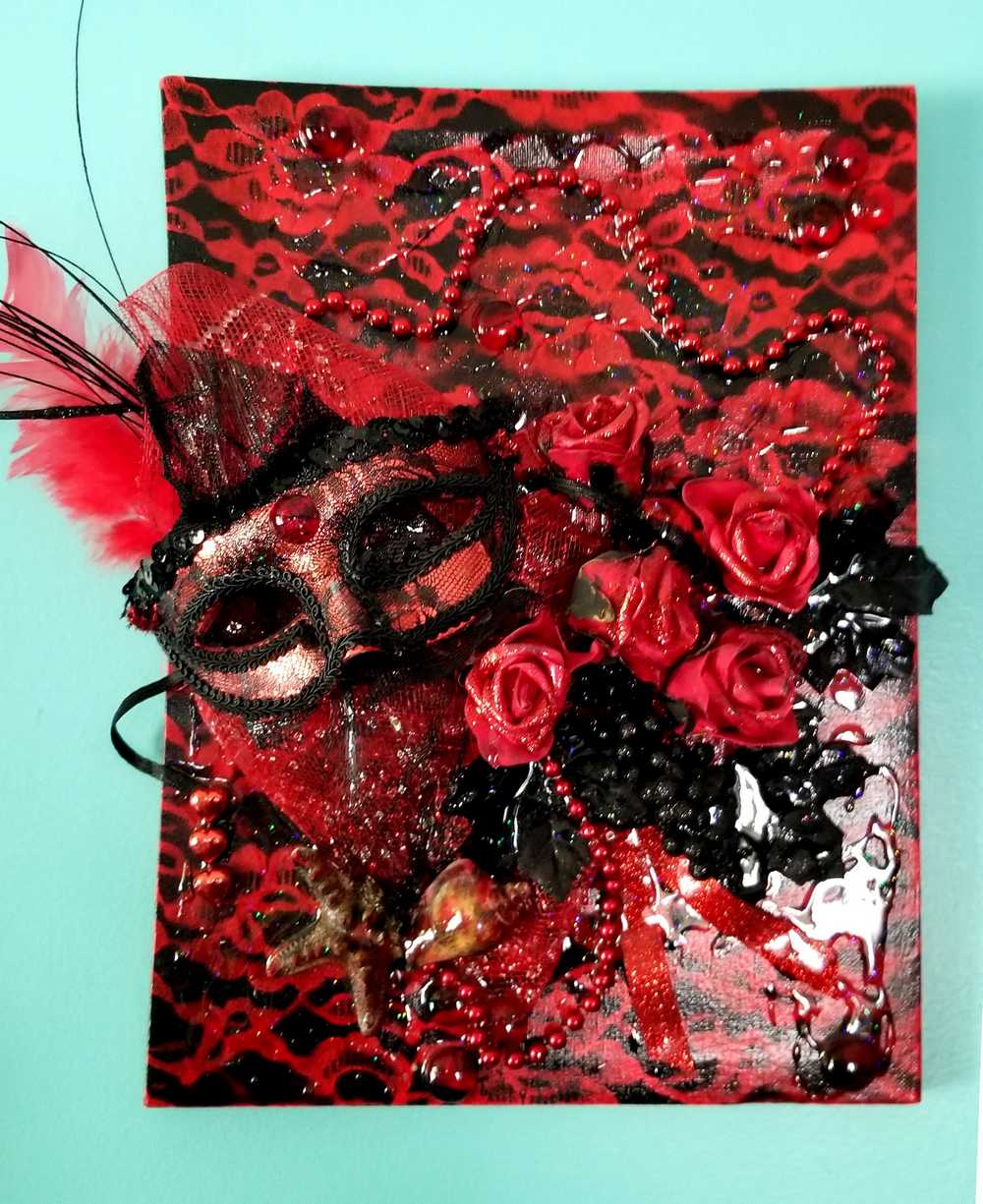 3D Red and Black Art on Canvas with Sexy Mask and Roses, 40 cm x 30 x 10 cm