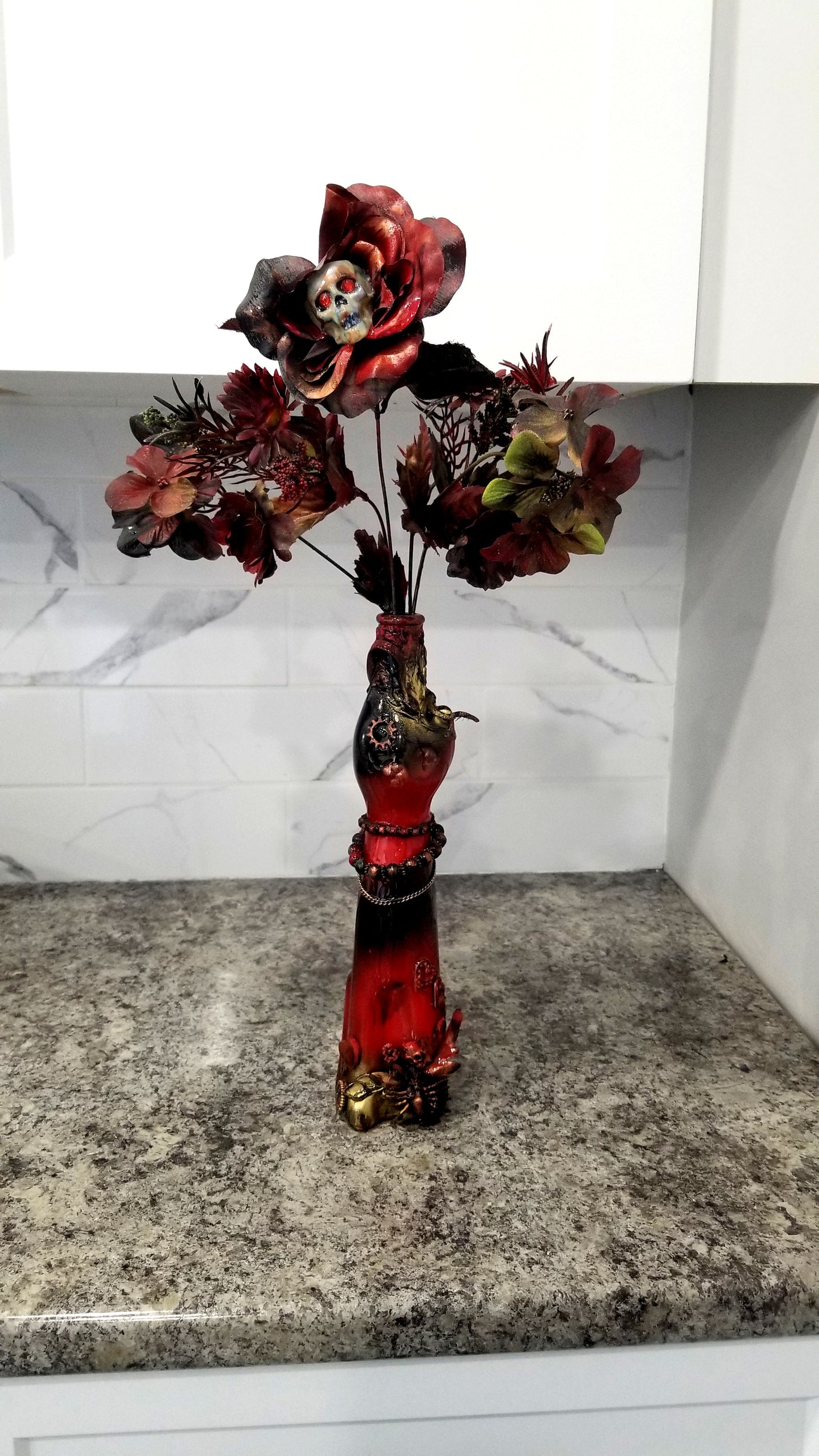 Glass Cat Vase, Red and Black Flowers with Skull and Snake