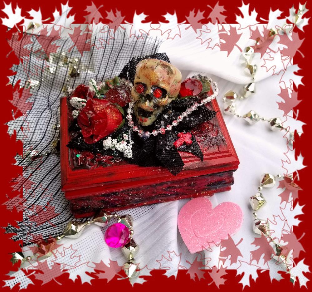 Small Red and Black Jewelry Box with a Skull and a Red Rose