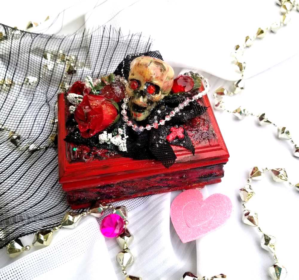 Small Red and Black Jewelry Box with a Skull and a Red Rose