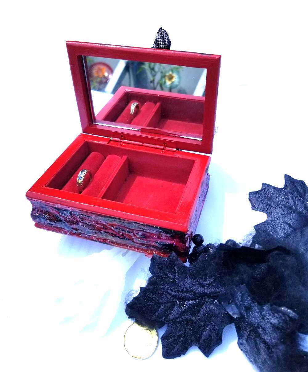 Small Red and Black Jewelry Box with a Skull and a Red Rose
