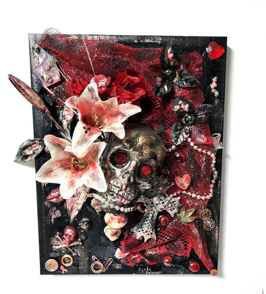 3D Skull and White Lilies, 45 x 36 x 18 cm on Black and Red Canvas