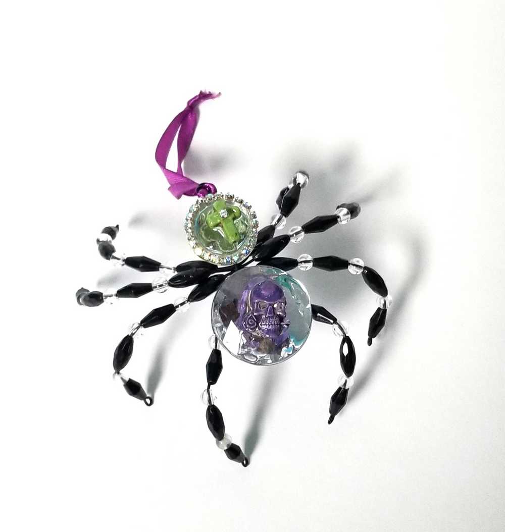 Black and Clear Beaded Spider with Skull Head and Cross Ornament