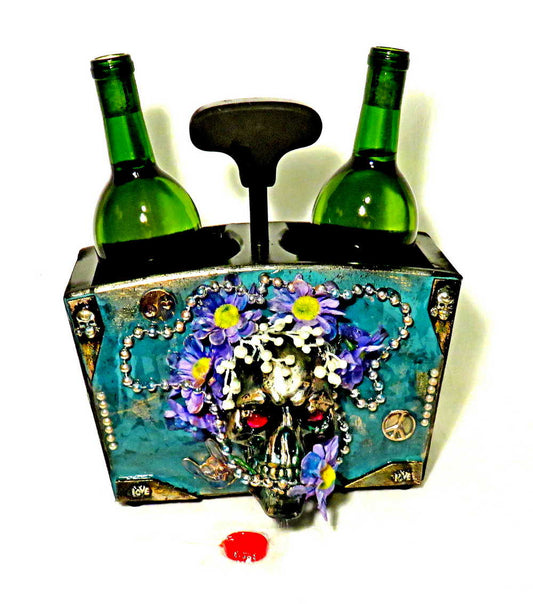Double Wooden Wine Box, Carrier, Holds 2-750ml Bottles, Skull With Purple Flowers