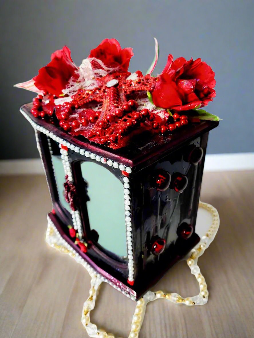 Black and Red Ladies Jewelry Box with 3 Red Roses, White Shimmering Lace and a Red Cross