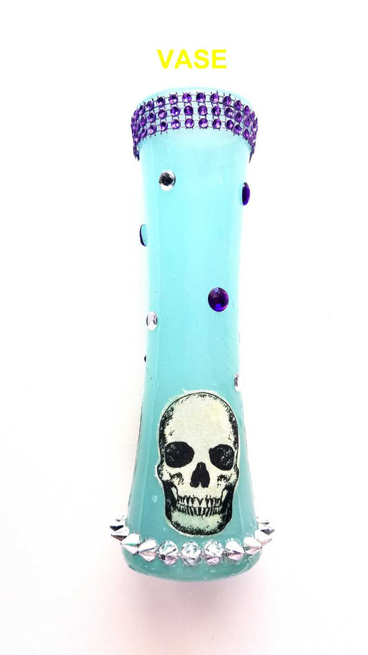 19 cm Tall Teal Colored Glass Vase with Skulls, Spikes and Resin