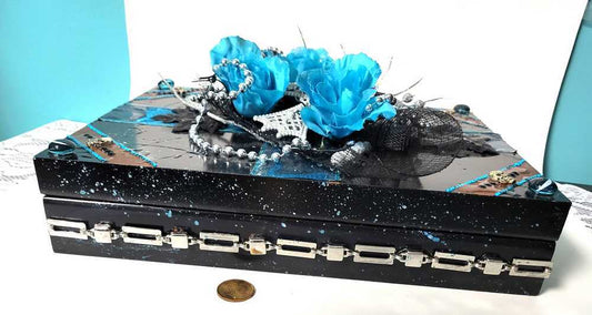 Black and Teal Jewelry Box with  3D Teal Roses, a White Cross and Skull Charms