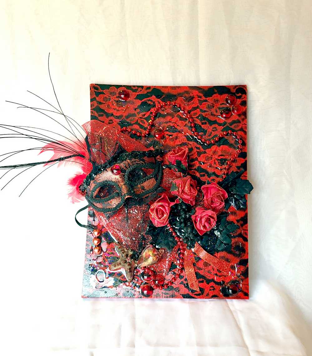 3D Red and Black Art on Canvas with Sexy Mask and Roses, 40 cm x 30 x 10 cm