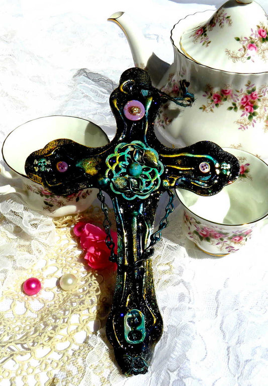 Altered Goth Wooden Cross with Skulls, Chains and Pink Buttons