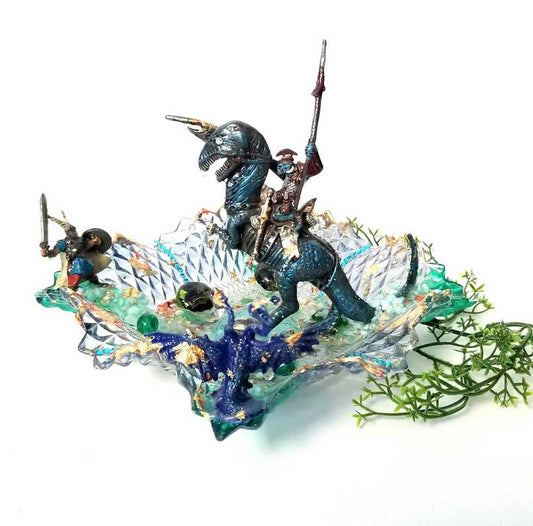 Mutant Troll Warrior Riding a T Rex in a Glass Vintage Dish, Collector Piece