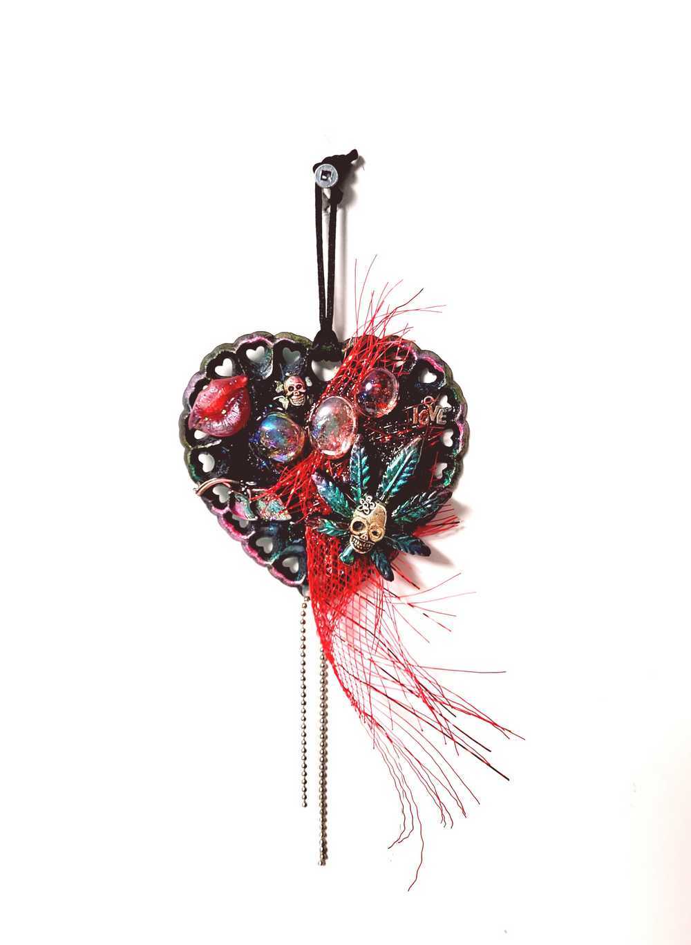 Skull Hanging Heart Ornament with Pouty Red Lips