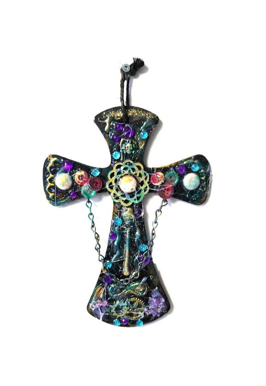 Wooden Cross with Chains, Buttons, Rhinestones, Gears and Skulls