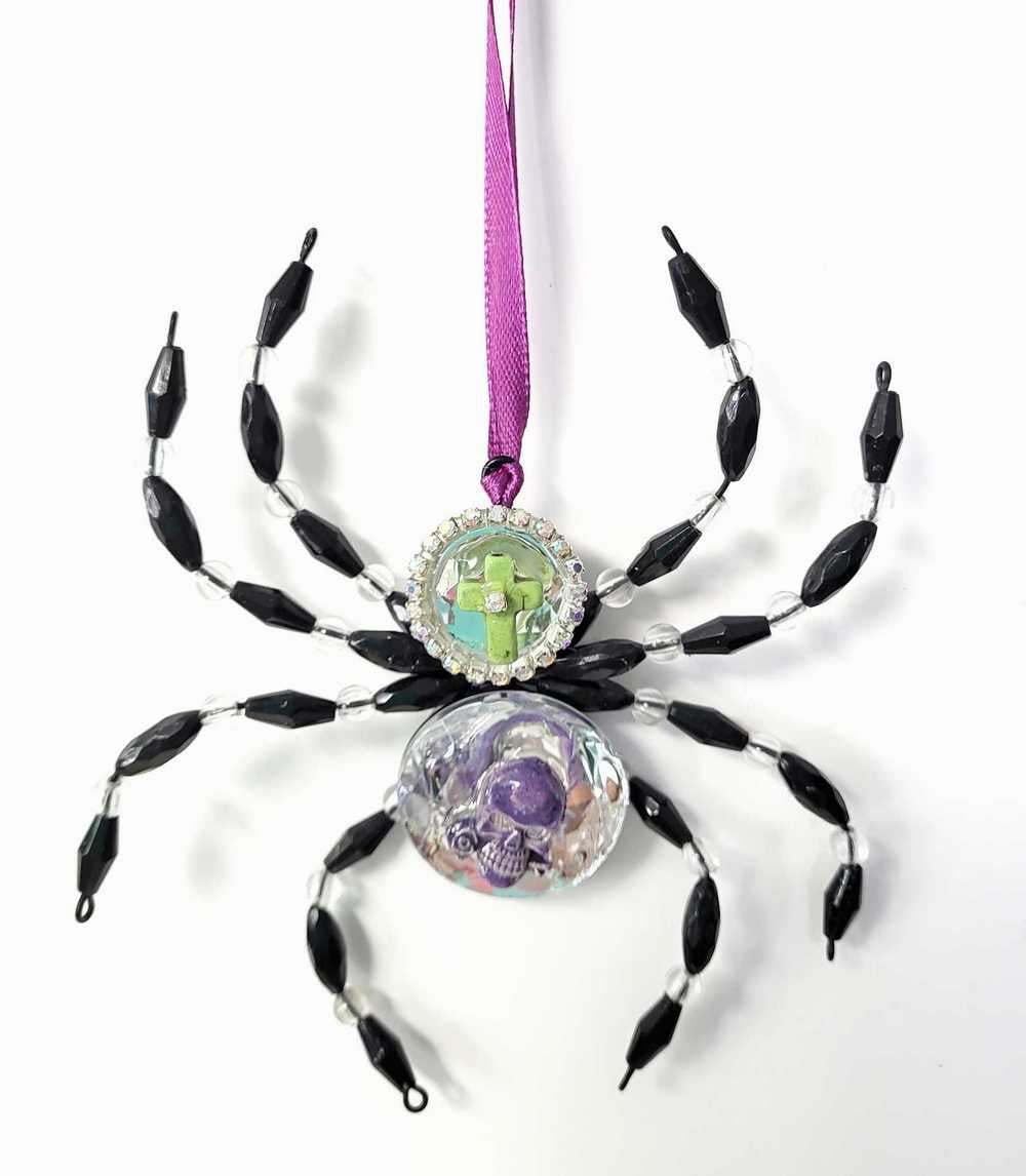 Black and Clear Beaded Spider with Skull Head and Cross Ornament